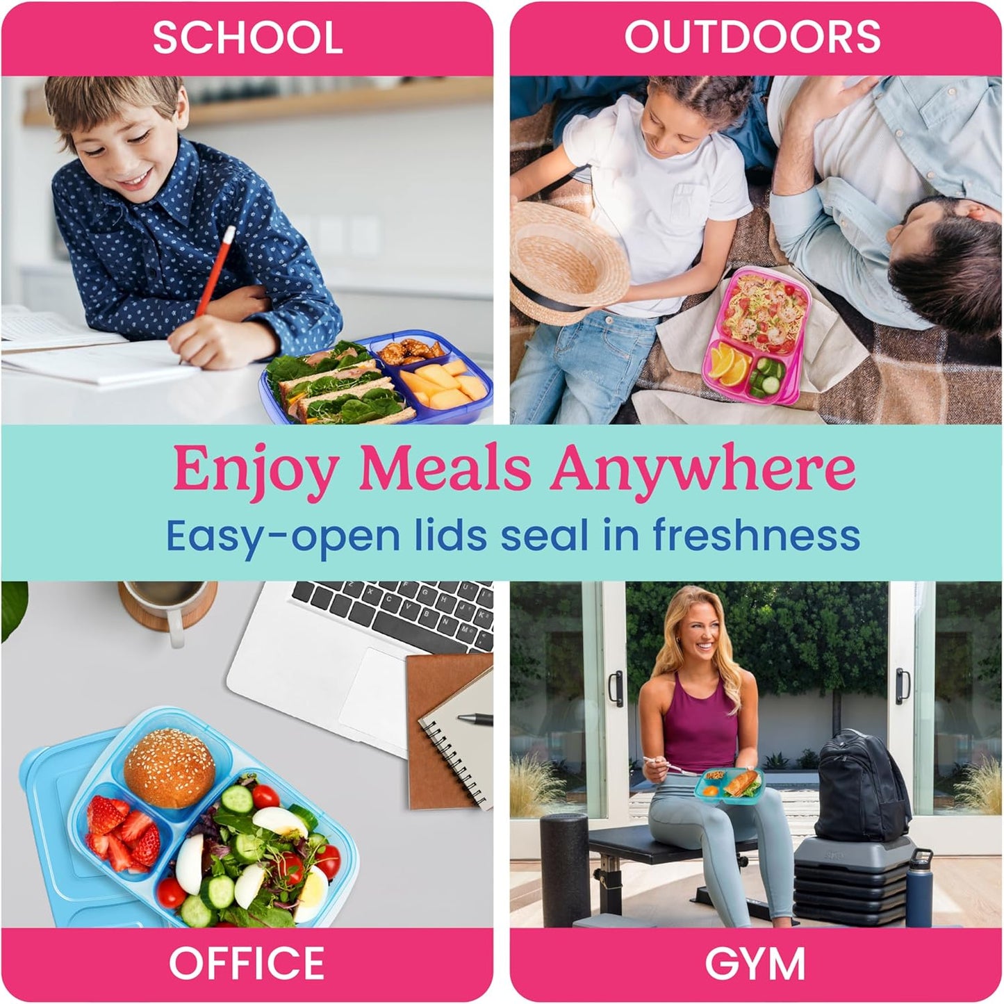 Bentgo Easyboxes - Original Stackable Lunch Boxes - Reusable 3-Compartment Food Containers for Kids and Adults - Bento Lunch Box for Meal Prep, School, & Work - BPA Free, Set of 4 (Earth Tones)