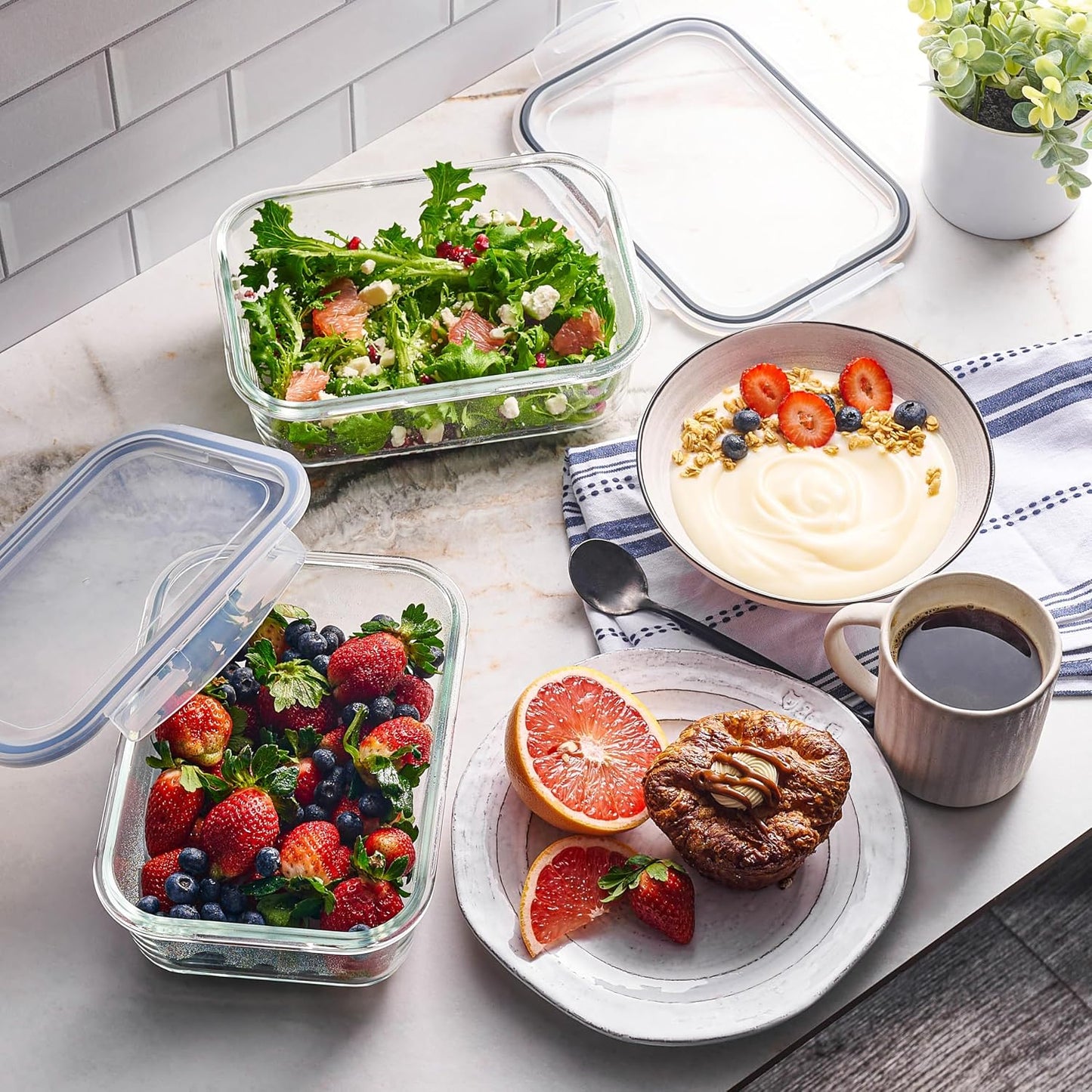 AISOON 16 Pcs (pack of 8) Glass Food Storage Containers with Airtight Lids,Leakproof Large Food Containers BPA-Free Glass Set, Stackable Meal Prep Containers, Freezer,Microwave& Dishwasher Safe