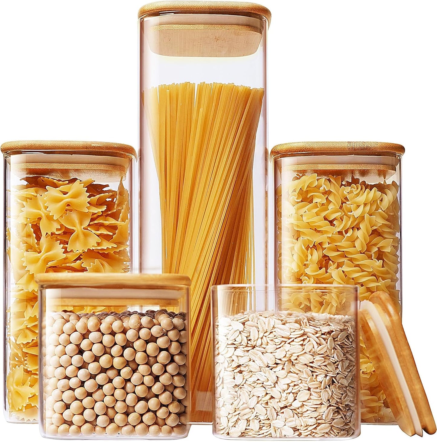 Extra Large Square Glass Flour & Sugar Storage Containers with Airtight Lids, 168oz 2 Pack Glass Jars with Bamboo Lids, Air tight Pantry Food Storage Containers for Cereal, Pasta, Rice Organizers