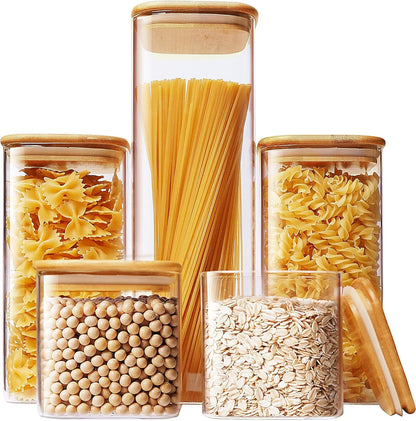 Extra Large Square Glass Flour & Sugar Storage Containers with Airtight Lids, 168oz 2 Pack Glass Jars with Bamboo Lids, Air tight Pantry Food Storage Containers for Cereal, Pasta, Rice Organizers