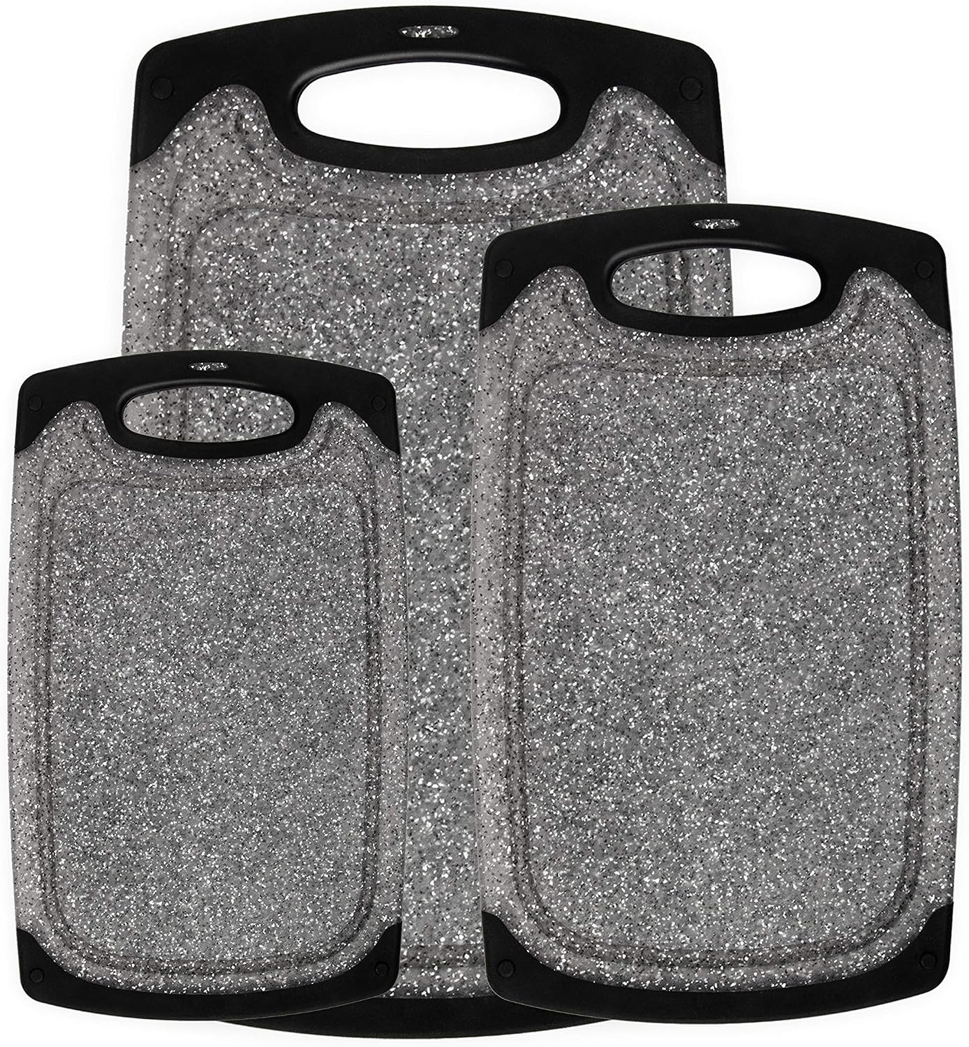 Famiry Reversible Cutting Board Set of 3, Plastic Chopping Board for Kitchen, Non-Slip Design with Easy Grip Handle, Juice Grooves, BPA Free, Dishwasher Safe (3-Piece, Black)