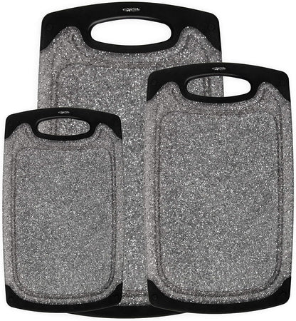 Famiry Reversible Cutting Board Set of 3, Plastic Chopping Board for Kitchen, Non-Slip Design with Easy Grip Handle, Juice Grooves, BPA Free, Dishwasher Safe (3-Piece, Black)