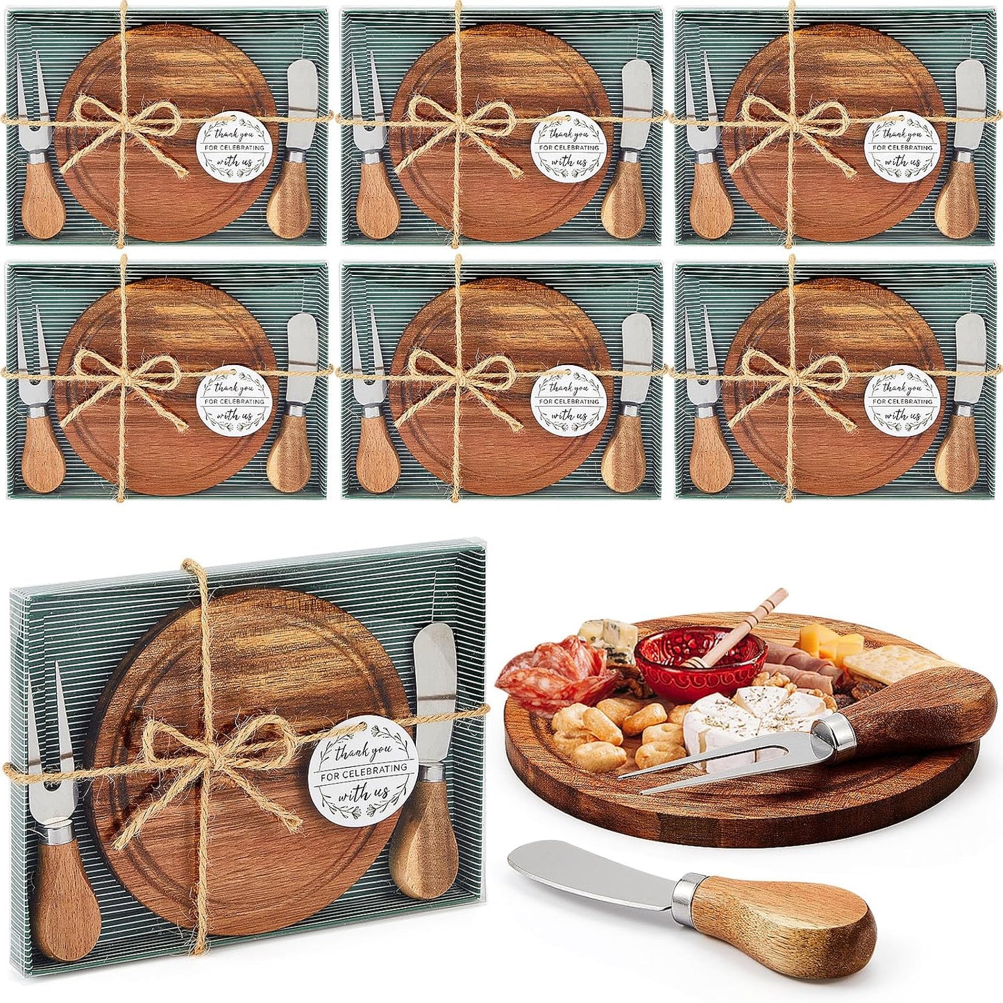 Maxcheck 6 Sets Baby Shower Bridal Game Prizes for Winners Round Cheese Board Set Wood Mini Charcuterie Board with Knives and Forks Thank You Card with Gift Box for Guests Wedding (Bamboo)