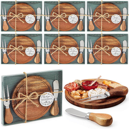 Maxcheck 6 Sets Baby Shower Bridal Game Prizes for Winners Round Cheese Board Set Wood Mini Charcuterie Board with Knives and Forks Thank You Card with Gift Box for Guests Wedding (Bamboo)