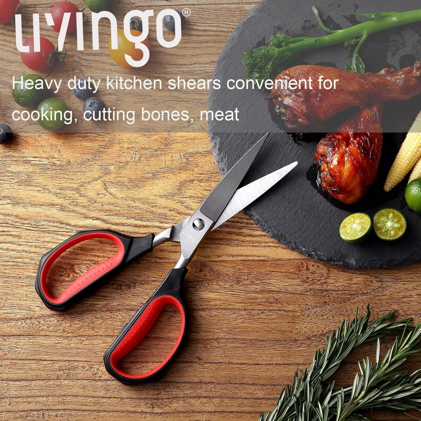 LIVINGO Heavy Duty Kitchen Shears - Titanium Coated Hot Forged Sharp Multipurpose Stainless Steel Utility Shears for Household Culinary Food Cutting Chicken Meat Cooking, Dishwasher Safe, 9.5 Inch