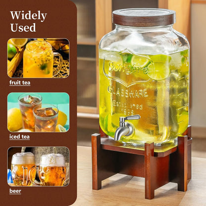 Drink Dispenser with Wood Stand and Lid,2 Gallon Glass Beverage Dispenser with Stainless Steel Spigot for Parties,Picnics,Barbecues,Lemonade,Sun tea Jar,ice coffee,Laundry Detergent Dispenser
