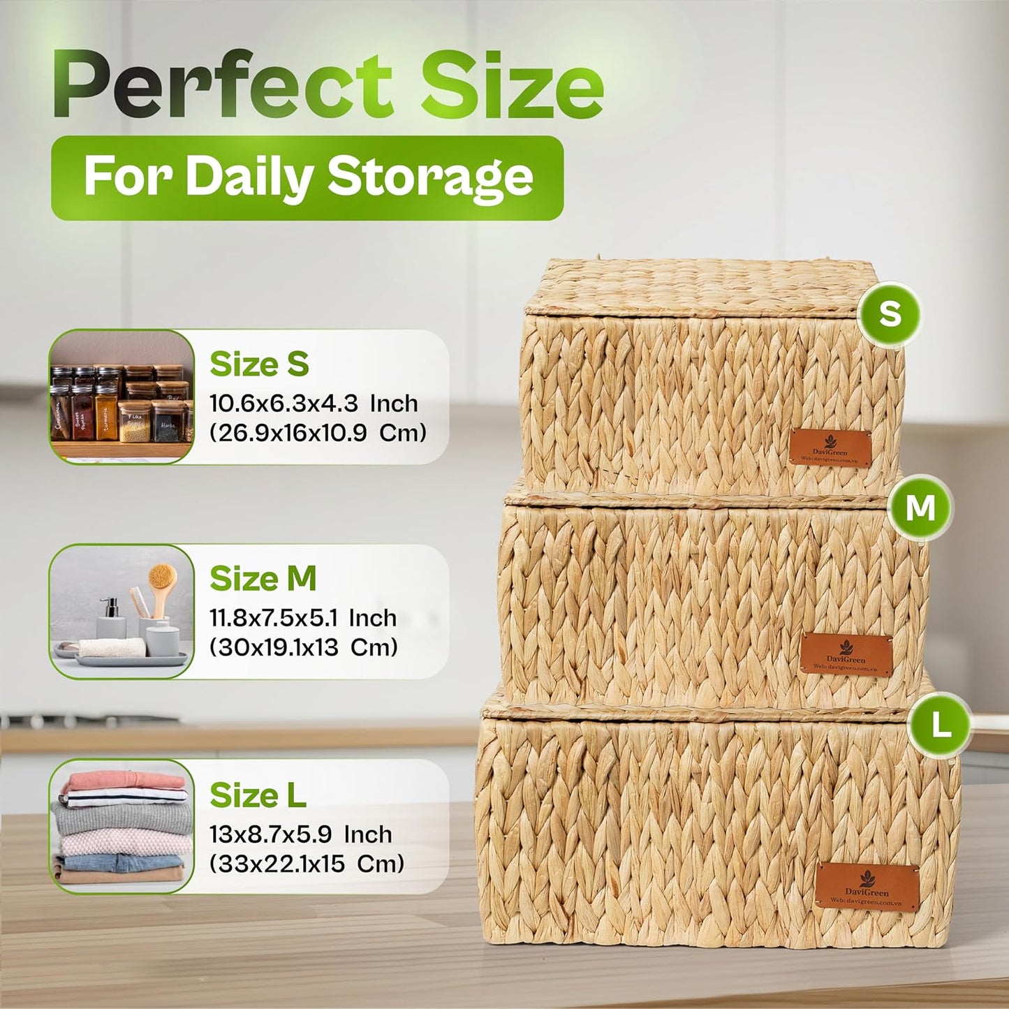 Storage Baskets for Shelves Set of 3, Open-Top Wicker Storage Bins with Handles, Shelf Organizer Baskets for Pantry, Closet & Bathroom, Water Hyacinth Baskets with Tissue Box Cover