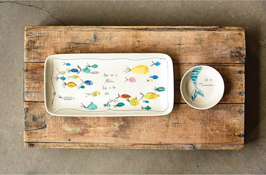 Creative Co-Op Rectangle Stoneware Plate with Fish Images and Matching Bowl