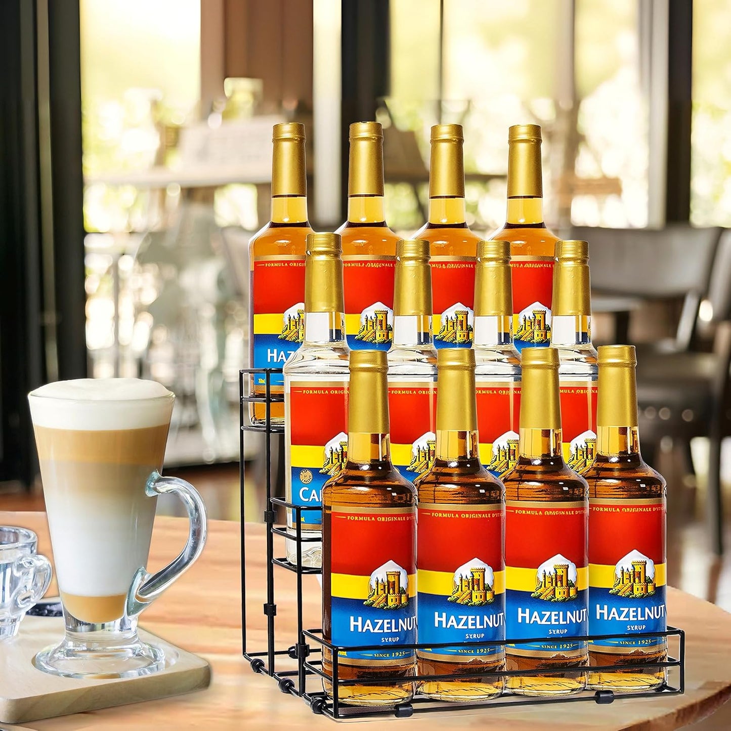8 Bottles Coffee Syrup Rack Organizer, Coffee Syrup Stand Holder, 2 Tier Coffee Syrup Organizer for Coffee Bar Station, Wine Rack for Countertop, Bottle Display Shelf for Cocktail, Dressing
