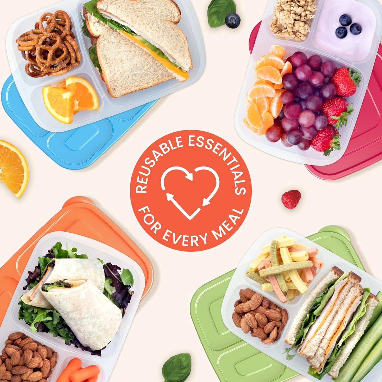 Bentgo Easyboxes - Original Stackable Lunch Boxes - Reusable 3-Compartment Food Containers for Kids and Adults - Bento Lunch Box for Meal Prep, School, & Work - BPA Free, Set of 4 (Earth Tones)