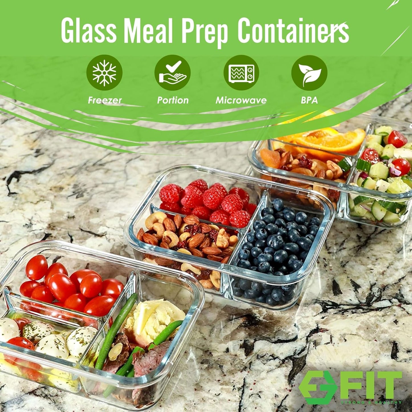 FIT Strong & Healthy 2 and 3 Compartment Glass Meal Prep Containers – Glass Bento Box for Adults, Portion Control, Food Storage, Lunch Container, Oven & Freezer Safe, Leak-Proof, 32 oz, Gray, 4 Pack