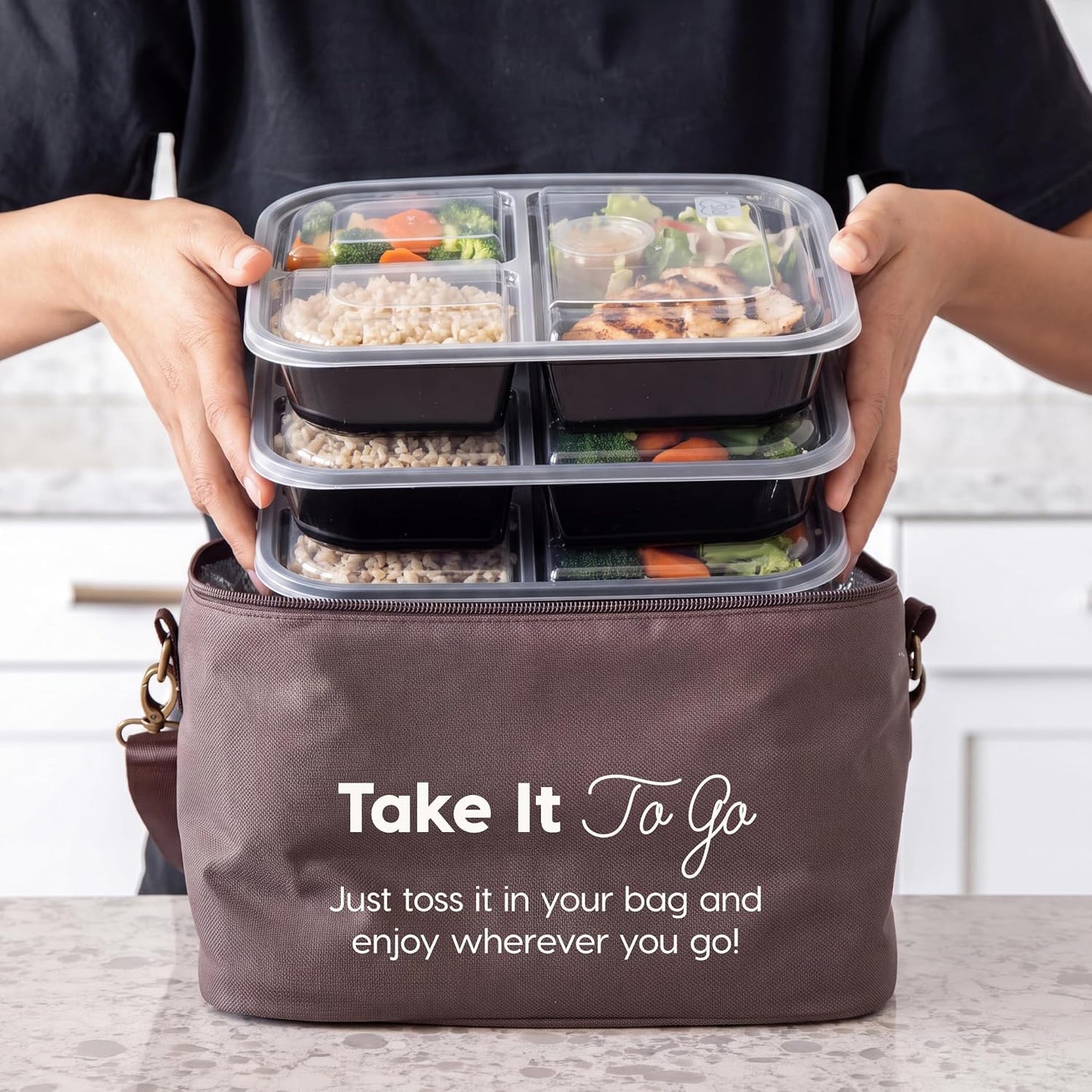 IRIS USA Meal Prep Containers, 36oz - 50 Pack (100-Piece) 3-Compartment Reusable Food Storage Containers with Lids, Plastic Kitchen Food Prep To Go Lunch Box, Microwave Freezer Dishwasher Safe, Black