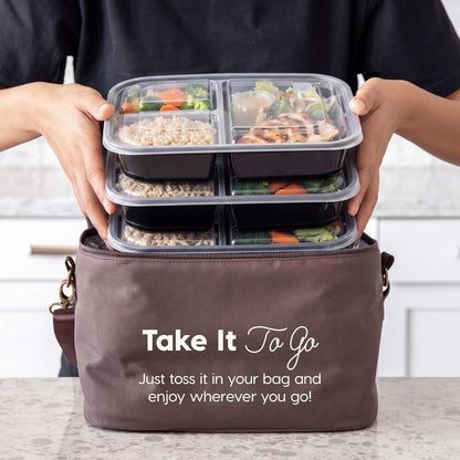 IRIS USA Meal Prep Containers, 36oz - 50 Pack (100-Piece) 3-Compartment Reusable Food Storage Containers with Lids, Plastic Kitchen Food Prep To Go Lunch Box, Microwave Freezer Dishwasher Safe, Black