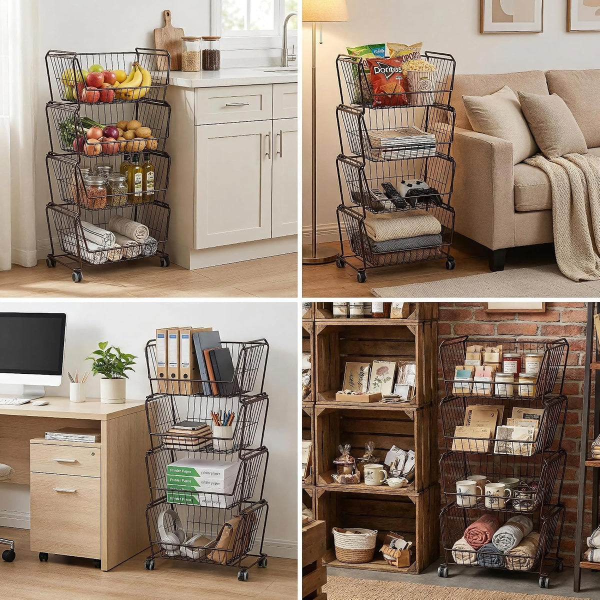 PUSDON 4-Tier Spacious Stackable Wire Storage Baskets with Wheels, Metal Rolling Utility Cart Organizer, Fruit and Vegetable Produce Basket for Kitchen Pantry, Everyday Bathroom Shelf, Silver Grey