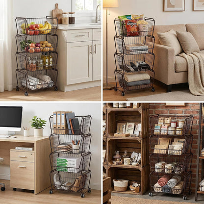 PUSDON 4-Tier Spacious Stackable Wire Storage Baskets with Wheels, Metal Rolling Utility Cart Organizer, Fruit and Vegetable Produce Basket for Kitchen Pantry, Everyday Bathroom Shelf, Silver Grey