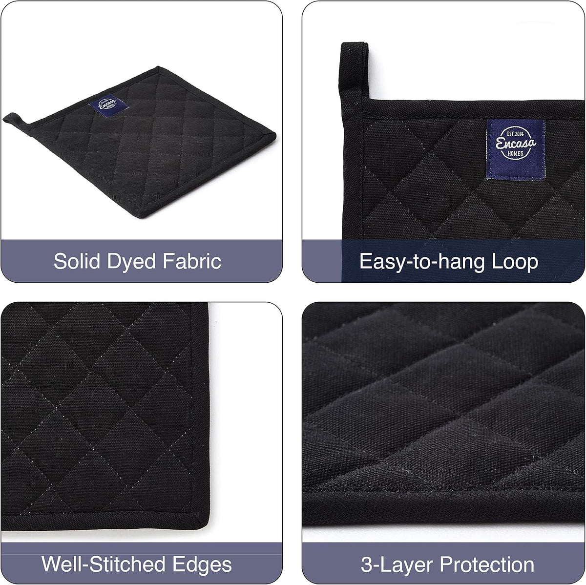 Encasa XO Pot Holders, Quilted Kitchen Hot Pads 8"x8" Black