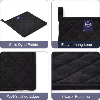 Encasa XO Pot Holders, Quilted Kitchen Hot Pads 8"x8" Black