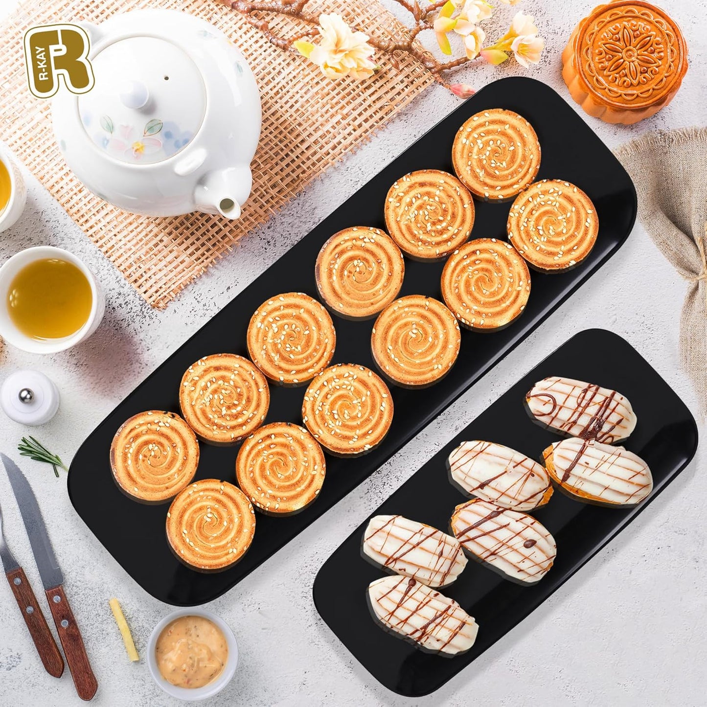 R-kay 4 Pack White Plastic Serving Trays for Party - White Serving Tray 17 by 6.5 in - Rectangular Heavy Duty Dessert Trays for Food