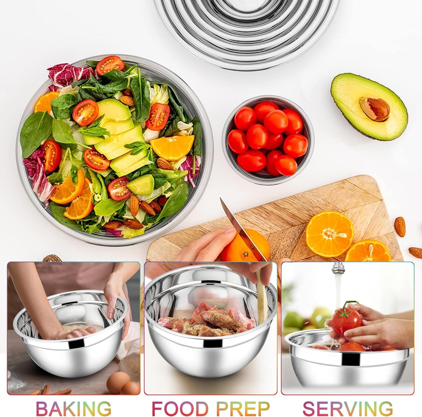 E-far Stainless Steel Mixing Bowls with Lids Set, 5-Piece Nesting Salad Bowls with 3 Grater Attachments and Non-Slip Bottoms, Size 4.6, 2.6, 2, 1.5, 1QT for Kitchen (Khaki)