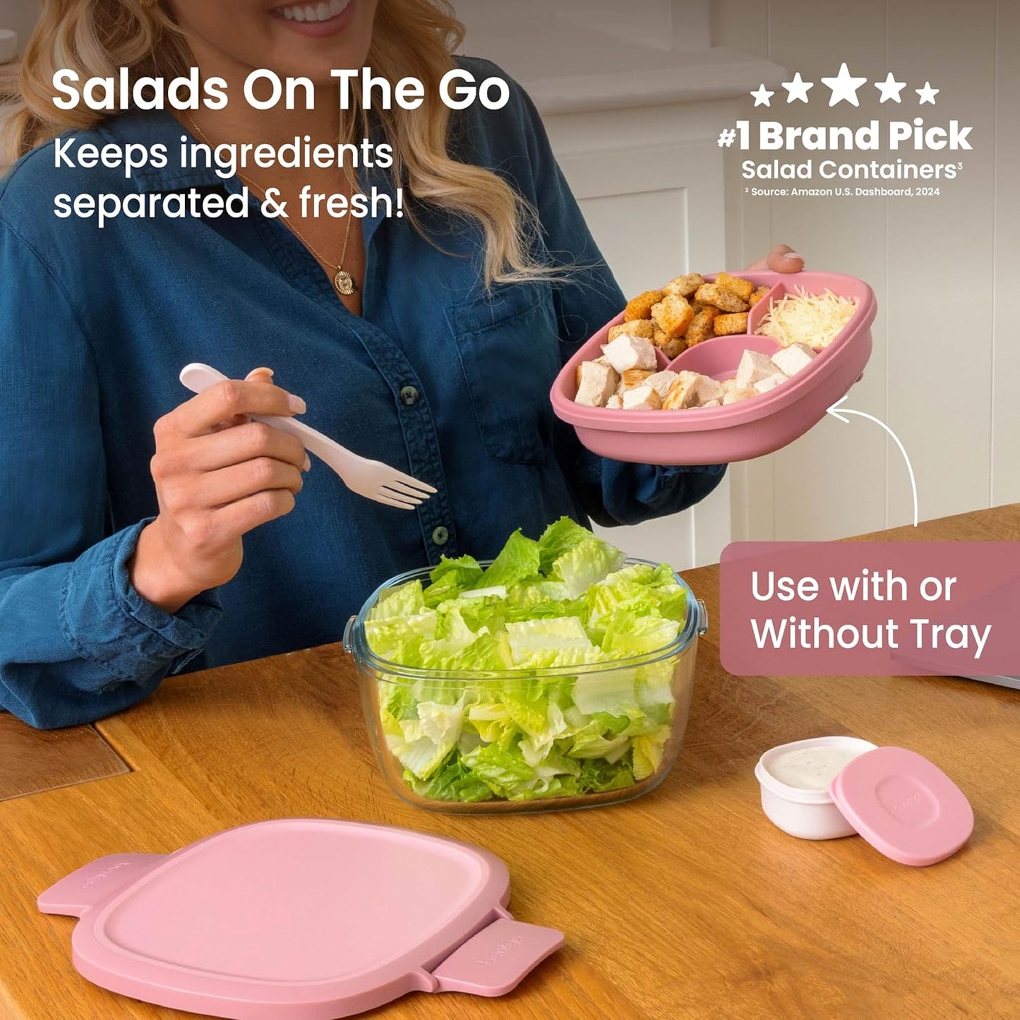 Bentgo Glass Salad Container - 7.6-Cup Salad Bowl with Airtight Lid, Leak-Proof Sauce Container, 4-Compartment Bento Tray & Reusable Fork - BPA-Free for Meal Prep, Office & More (Light Blue)