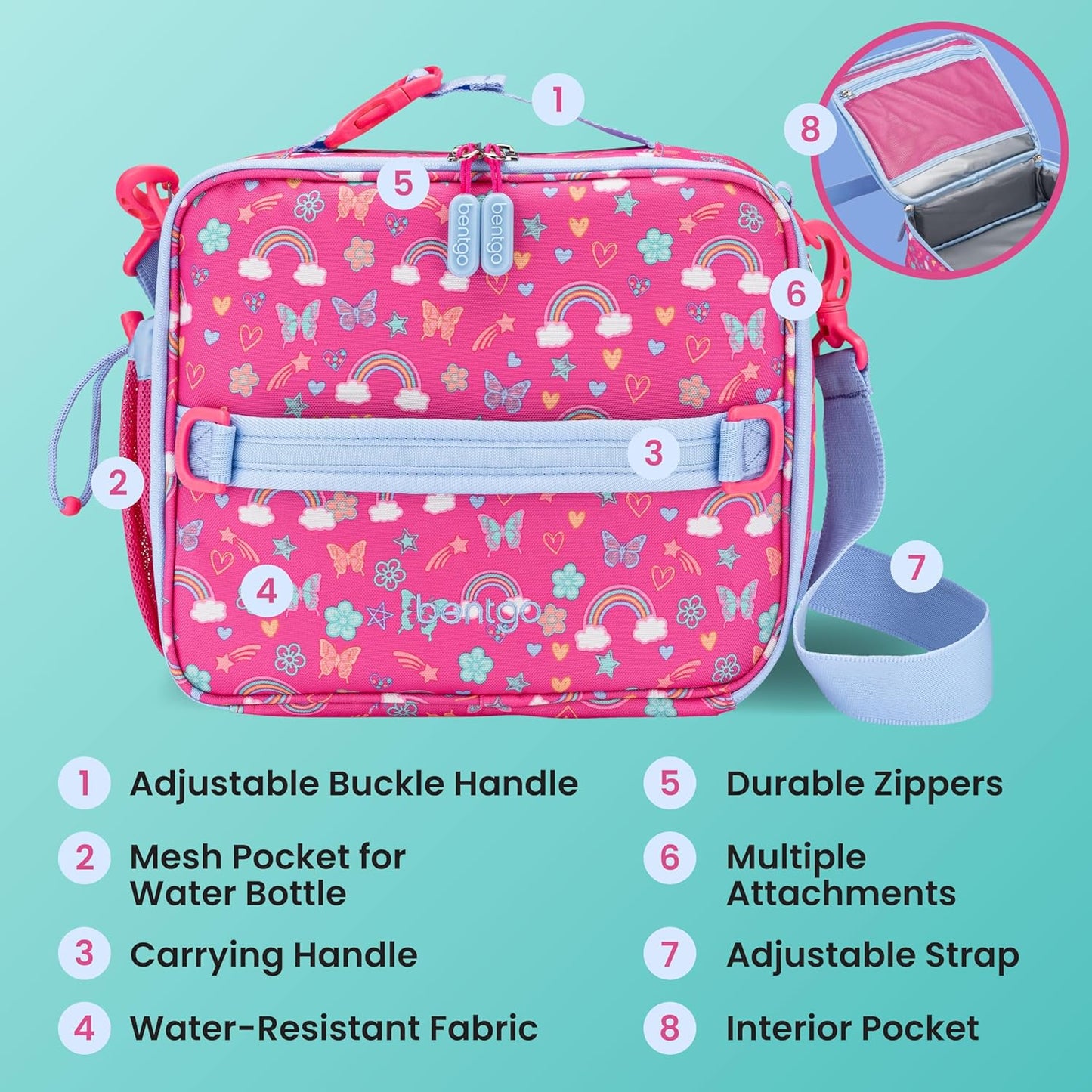 Bentgo Kids Lunch Bag - Durable, Double-Insulated Lunch Bag for Kids 3+; Holds Lunch Box, Water Bottle, & Snacks; Easy-Clean Water-Resistant Fabric & Multiple Zippered Pockets (Mermaid)
