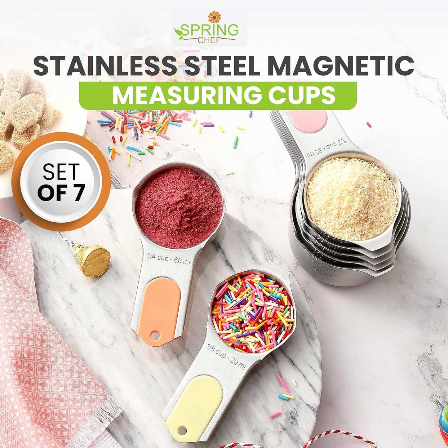 Spring Chef Stainless Steel Measuring Cups Set of 7 with Pour Spout - Nesting Kitchen Tools with Easy Read Markings to Measure Dry or Liquid Ingredients - Metal Measuring Cups for Baking & Cooking