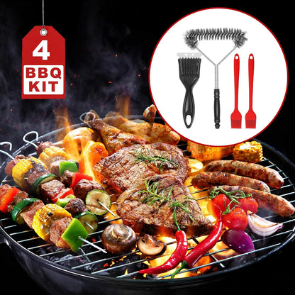 BBQ Master 4-Piece Grill Cleaning Kit, Heavy Duty Wire Brush and Scraper Set with Silicone Basting Brushes, Black and Red, 8.22 Inch Length, for Gas and Charcoal Grills
