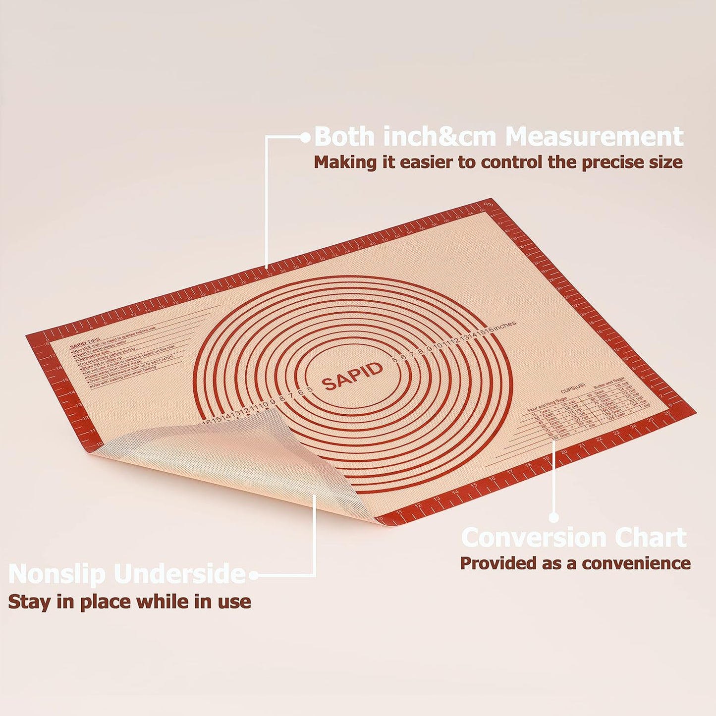 Sapid Extra Thick Silicone Pastry Mat Non-slip with Measurements for Non-stick Silicone Baking Mat Extra Large, Dough Rolling, Pie Crust, Kneading Mats, Countertop, Placement Mats (24" x 36", Gray)