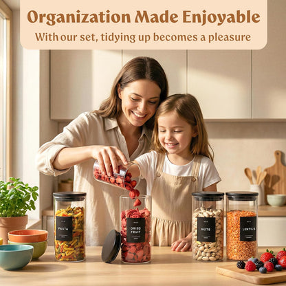 EDELHAUS 2x Large Glass Storage Containers with Airtight Black Lids [135oz/4000ml] | Extra Thick Glass Canisters for Pantry + 63 Labels | Flour Rice Cereal Sugar Coffee Beans Tea