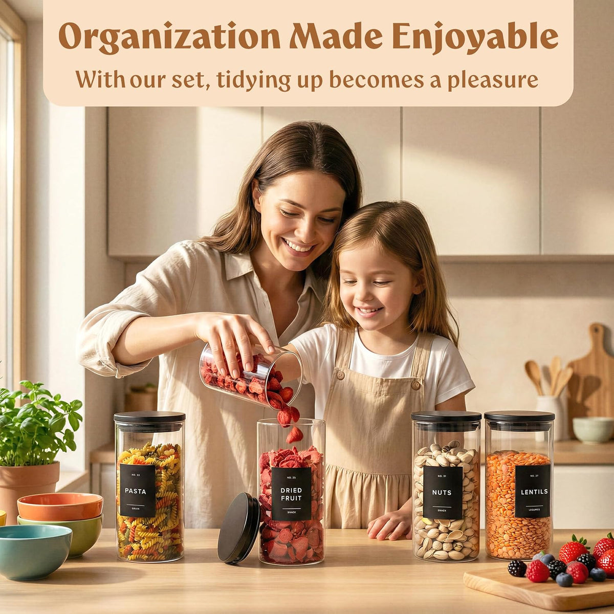 EDELHAUS 2x Large Glass Storage Containers with Airtight Black Lids [135oz/4000ml] | Extra Thick Glass Canisters for Pantry + 63 Labels | Flour Rice Cereal Sugar Coffee Beans Tea