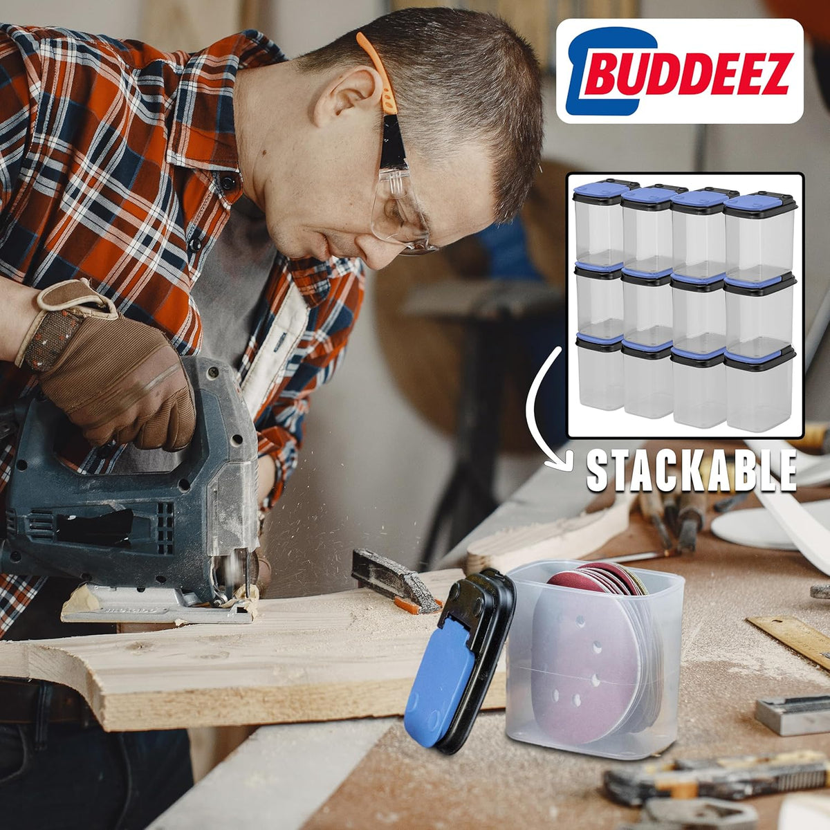 Buddeez Multi-Purpose Hardware Storage Bins Bits and Bolts Small Storage Containers, Hardware Organizers, Clear Containers With Blue Stackable Lids, Bolt and Screw Organizer (1 Quart - 8 Pack)