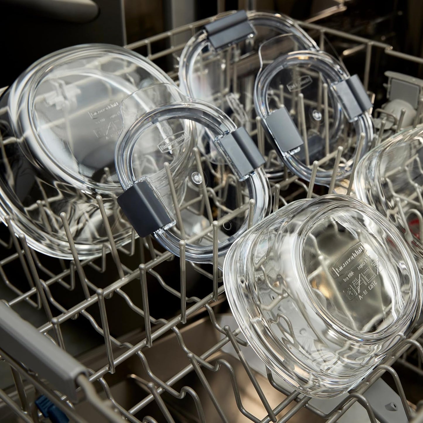 Rubbermaid Brilliance Glass Food Storage set of 4 containers 8 total pieces (4 containers + 4 lids) for Lunch Meal Prep and Leftovers Dishwasher and Oven Safe Clear/Grey