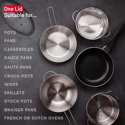 Universal Lids for Pots, Pans and Skillets - Tempered Glass with Vented Silicone Rim and Heat-Resistant Handle - Fits Multiple Cookware Sizes - Dishwasher & Microwave Safe (Single, 11",12",12.5")