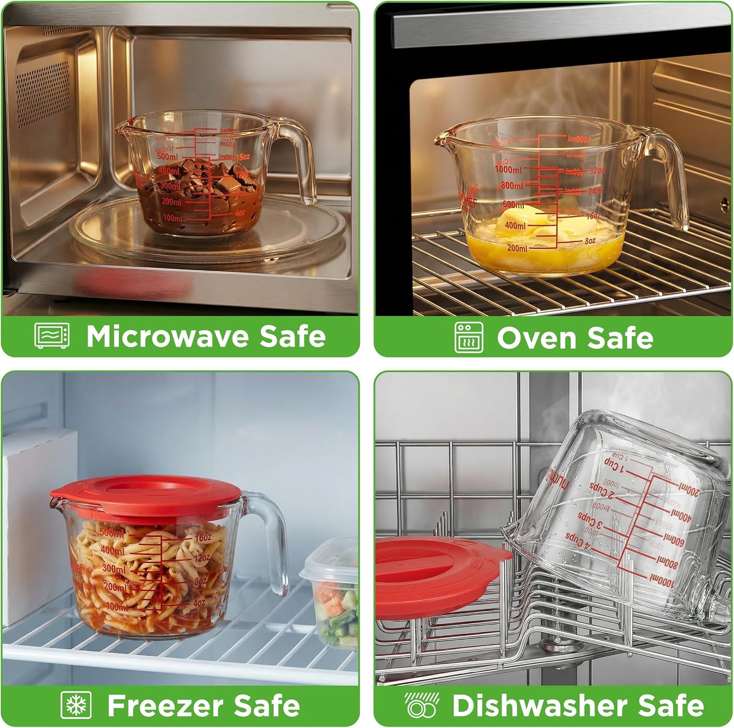 NutriChef 1,2 and 4 Cups Glass Measuring Cup Set with Lids (8, 17 and 34 oz) - Heat-Resistant Borosilicate Liquid Measure Cups with Easy-Read Scale for Cooking, Baking & Food Storage, Dishwasher Safe