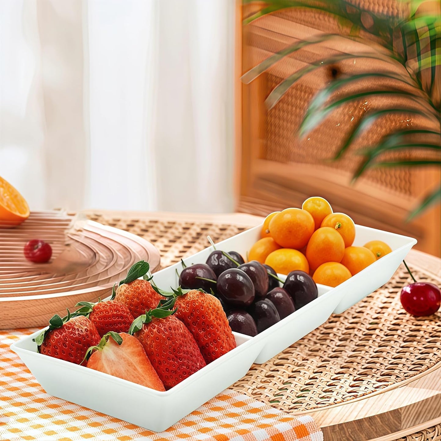 Divided Serving Tray Platter, 4 Pack 15" x 10" Fruit Veggie Food Tray for Party, Plastic Serving Trays for Appetizer, Snack, Dessert, Cookie, Brunch Decorations Platters, White Trays BPA-Free
