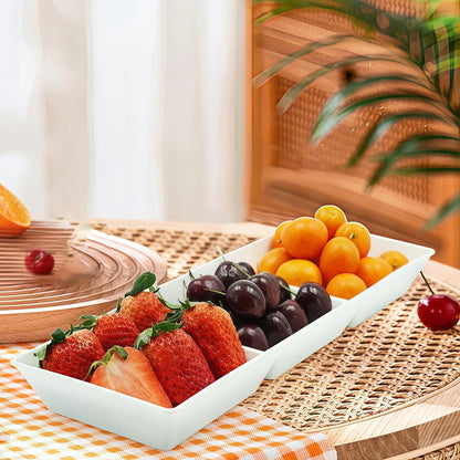 Divided Serving Tray Platter, 4 Pack 15" x 10" Fruit Veggie Food Tray for Party, Plastic Serving Trays for Appetizer, Snack, Dessert, Cookie, Brunch Decorations Platters, White Trays BPA-Free