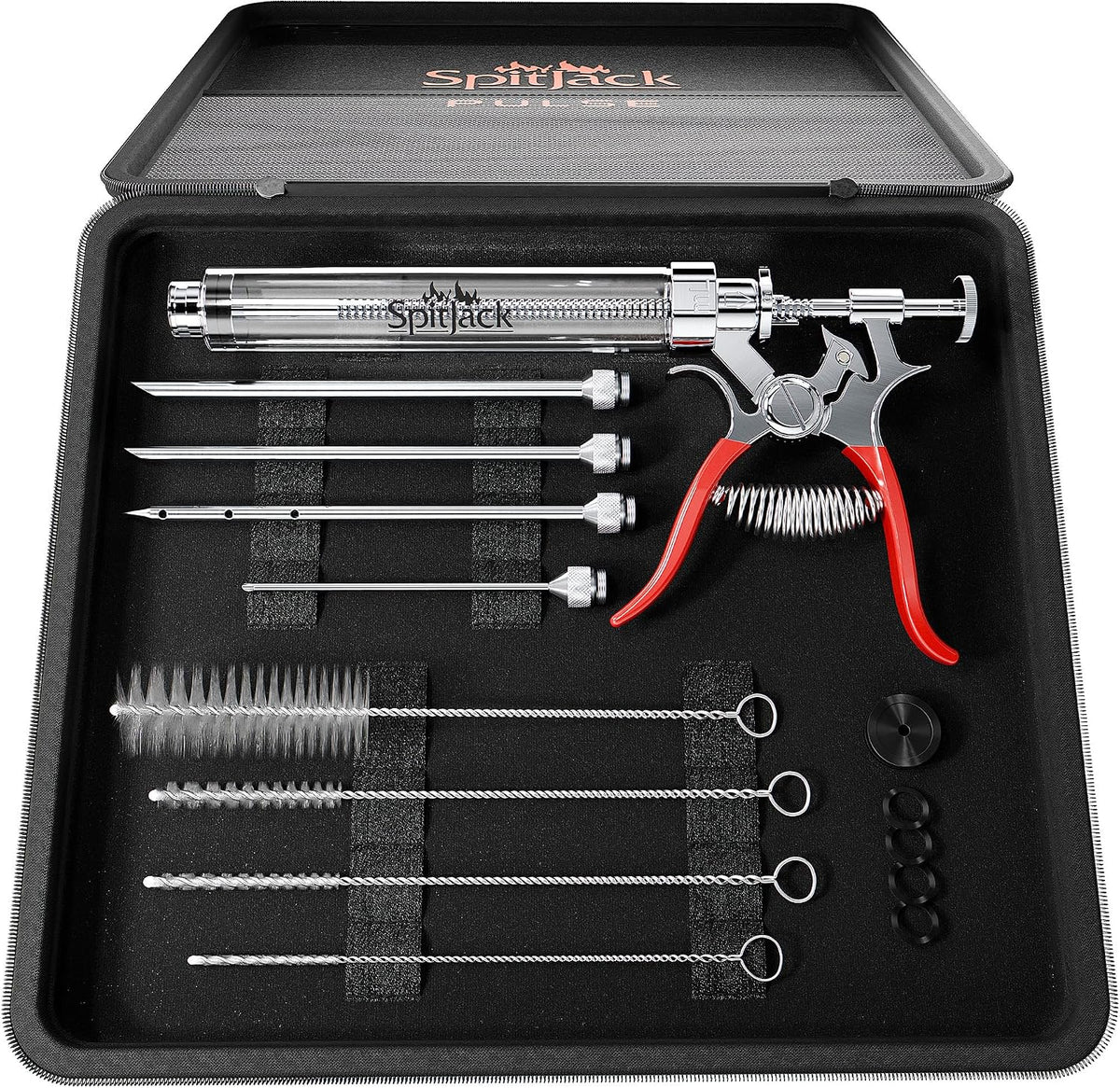 SpitJack PULSE Meat Injector Gun, BBQ Meat Marinade Injector Kit for Brisket, Pork Shoulder, and Chicken, 50ml with 4 Stainless Steel Needles, Case and Guide