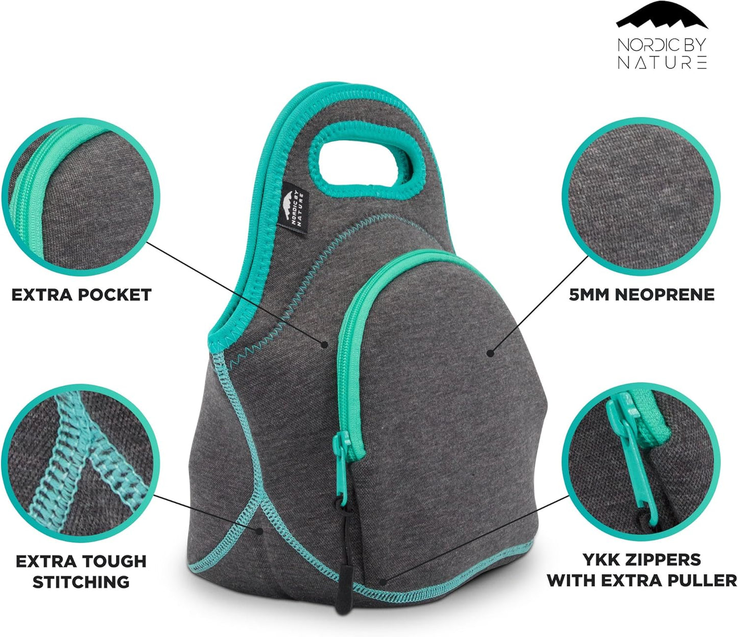 Nordic By Nature Large Neoprene Lunch Bag for Women & Lunch tote for Kids Insulated Lunch bag Reusable Washable Extra Thick Neoprene & Soft Cotton Feel, Premium Stitching, Outside Pocket, (L) Black