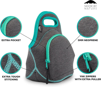 Nordic By Nature Large Neoprene Lunch Bag for Women & Lunch tote for Kids Insulated Lunch bag Reusable Washable Extra Thick Neoprene & Soft Cotton Feel, Premium Stitching, Outside Pocket, (L) Black