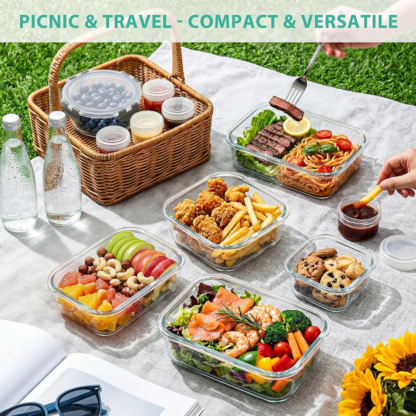 34pcs Glass Food Storage Containers with Lids Set, Airtight Glass Meal Prep Containers (17 Containers & 17 Lids), Leak Proof Lunch Container BPA-Free, Microwave, Oven, Freezer, Dishwasher Safe-Blue