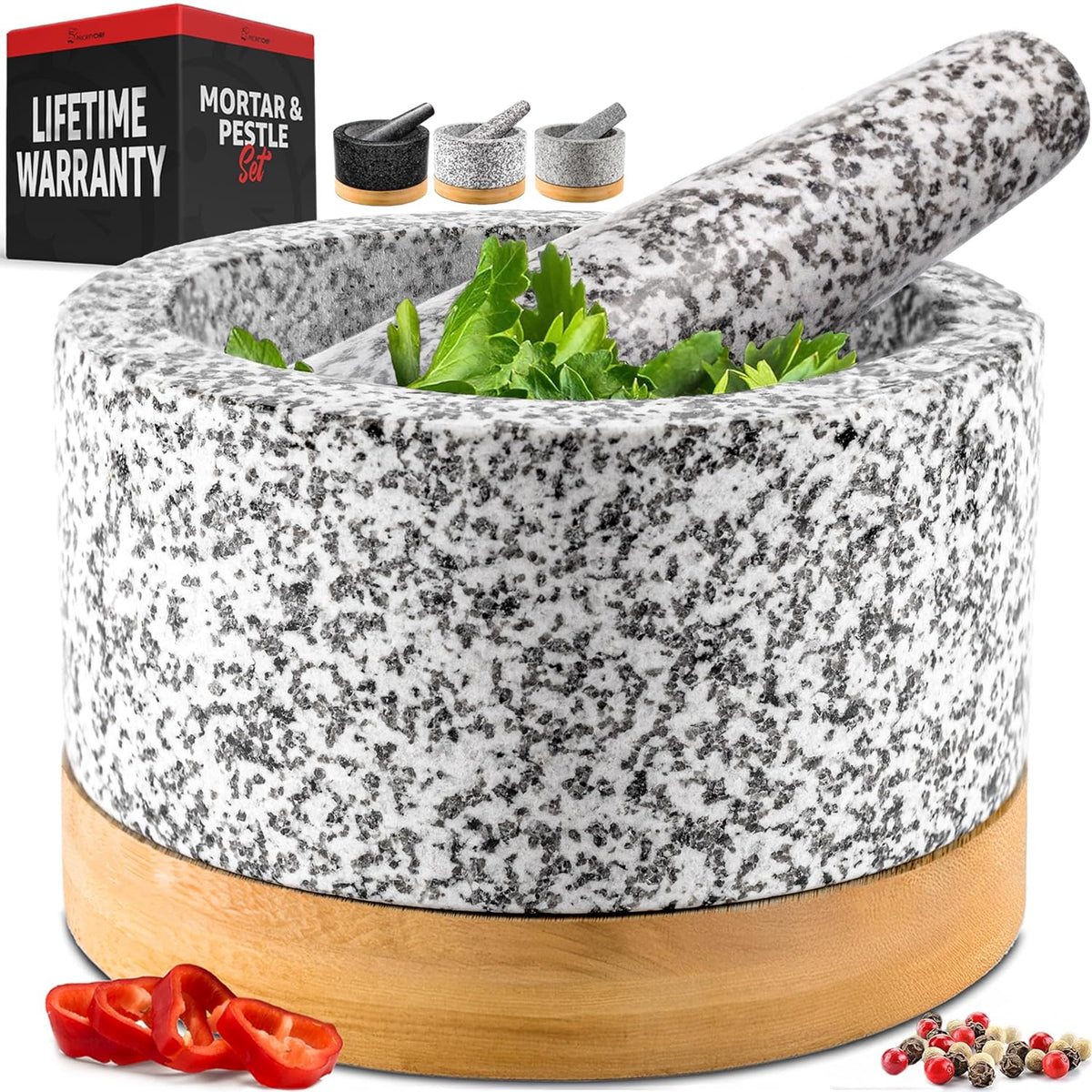 PriorityChef Heavy Duty Mortar and Pestle Set with Bamboo Base, 100% Natural Granite Stone Grinder, Guacamole Bowl and Masher, 1.5 Cups, Black