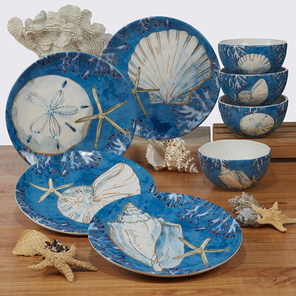 Playa Shells Coastal Ceramic Chip & Dip Platter – 13.5" Ocean-Themed Party Server for Chips, Veggies, Fruit, Crackers, and Appetizers