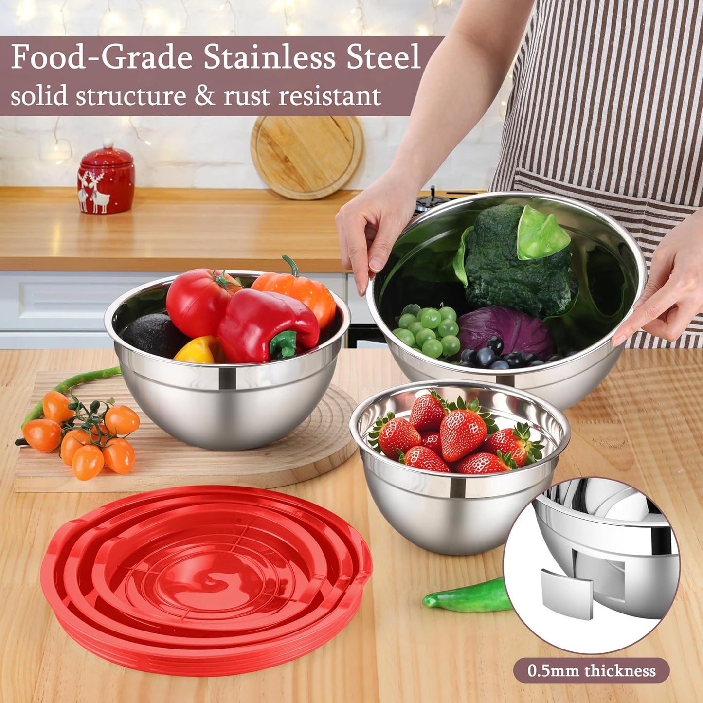 LIANYU Mixing Bowls with Airtight Lids Sets, 3 Packs Stainless Steel Metal Mixing Bowls, Ideal for Prepping, Cooking, Storage, Serving, Freezer & Dishwasher Safe, Khaki