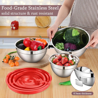 LIANYU Mixing Bowls with Airtight Lids Sets, 3 Packs Stainless Steel Metal Mixing Bowls, Ideal for Prepping, Cooking, Storage, Serving, Freezer & Dishwasher Safe, Khaki