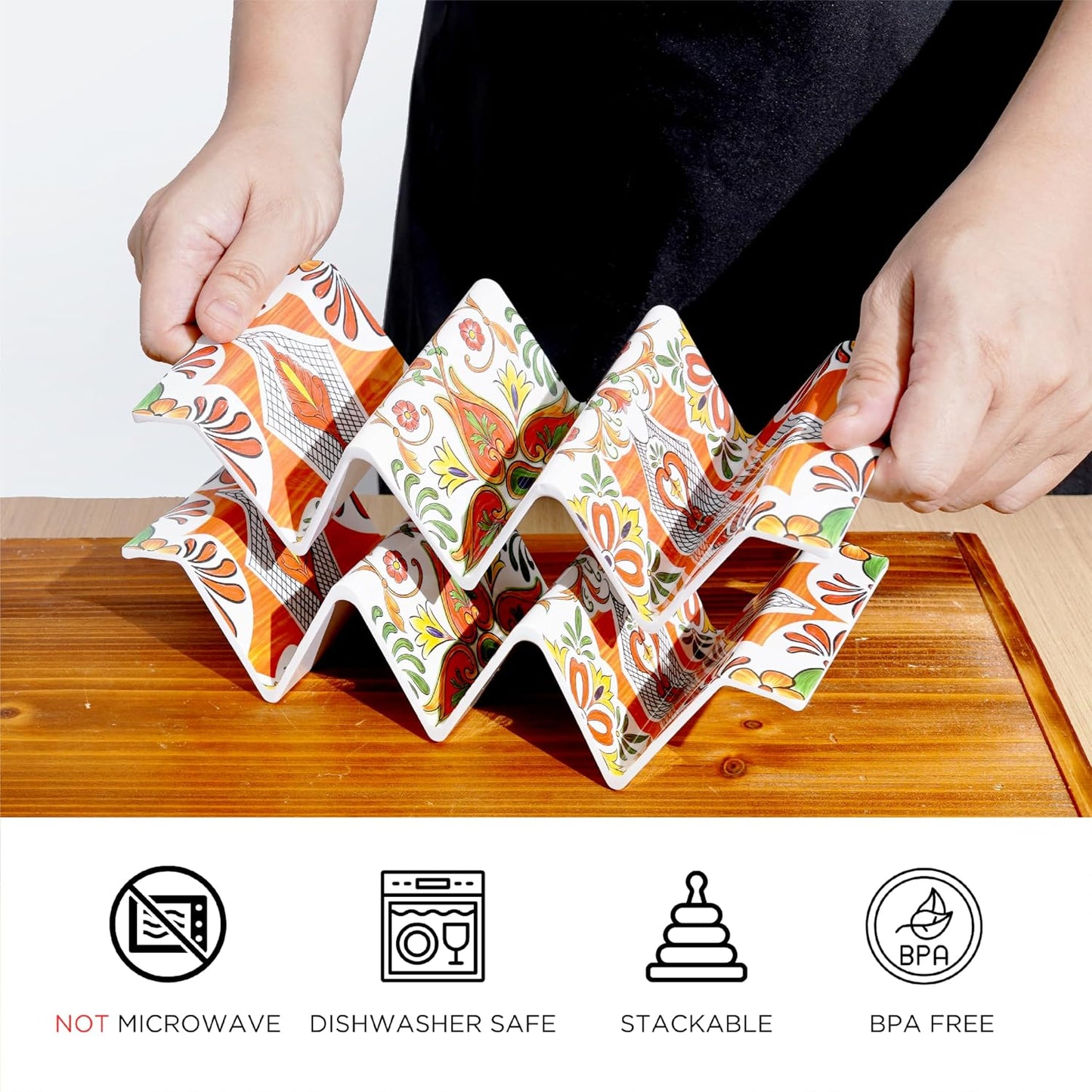 TP Taco Holder Stands, Set of 2 Melamine Large Taco Serving Rack Tray with Handle, Holds 3 Tacos, Dishwasher Safe, Ideal for Taco Night, Party, Home, Fiesta, Talavera Tile