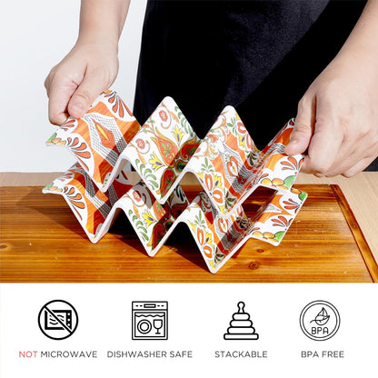 TP Taco Holder Stands, Set of 2 Melamine Large Taco Serving Rack Tray with Handle, Holds 3 Tacos, Dishwasher Safe, Ideal for Taco Night, Party, Home, Fiesta, Talavera Tile