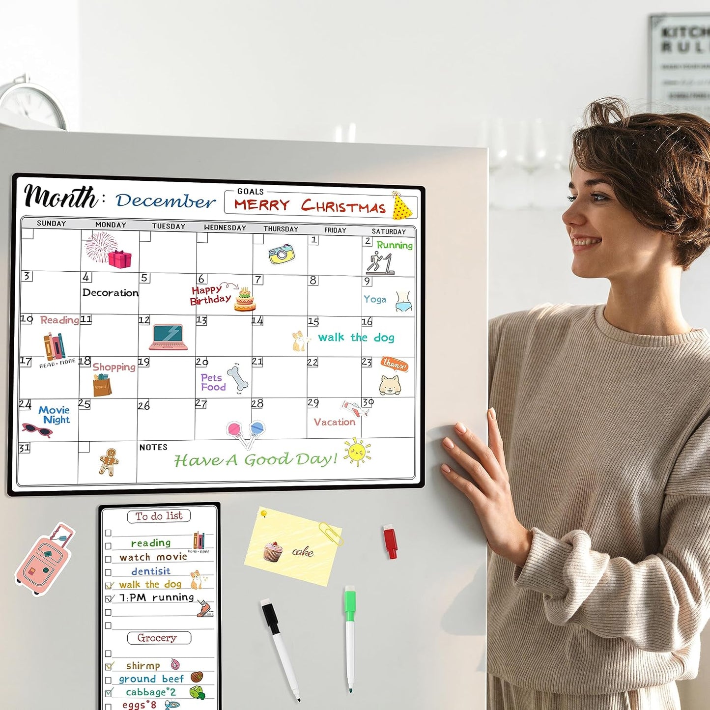 Magnetic Dry Erase Refrigerator Calendar with Markers - 15" x 11" Monthly Fridge Calendar and Today List, Fridge Whiteboard with Back Magnet