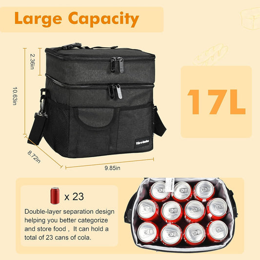 Tirrinia Insulated Lunch Bag for Women Men, Leakproof Lunch Box Containers for Adult, Work, School, Soft Lunchbox for Kids,Boys, Adult Cooler Bag for Picnic Hiking Beach,Charcoal