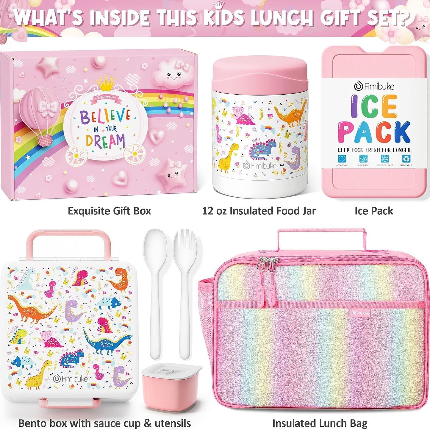 Fimibuke Kids Bento Snack Lunch Box with 4 Compartment, Insulated Lunch Bag, Stainless Steel Vacuum Thermo Food Jar, Ice Pack, Utensils Set, Birthday Gifts for Age 3-12 Back to School Toddler Girl Boy