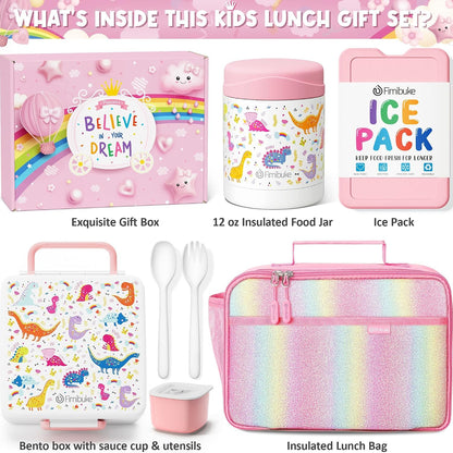 Fimibuke Kids Bento Snack Lunch Box with 4 Compartment, Insulated Lunch Bag, Stainless Steel Vacuum Thermo Food Jar, Ice Pack, Utensils Set, Birthday Gifts for Age 3-12 Back to School Toddler Girl Boy